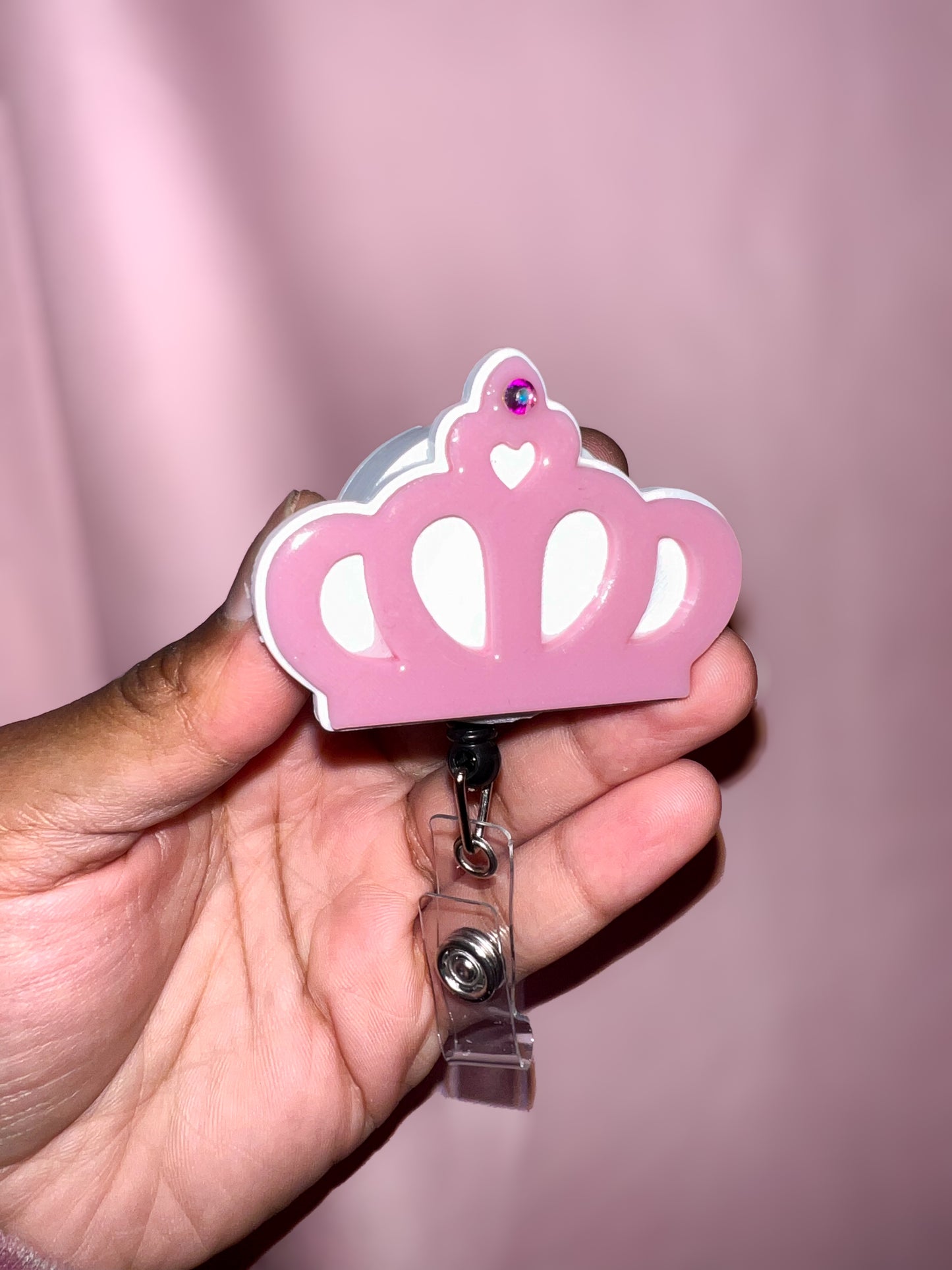 Princess Crown Badge Reel Cover | Gold & Pink | Rhinestone Accent | Cute Nurse Badge Topper | Daisie Exclusive | Fits Most Standard Reels