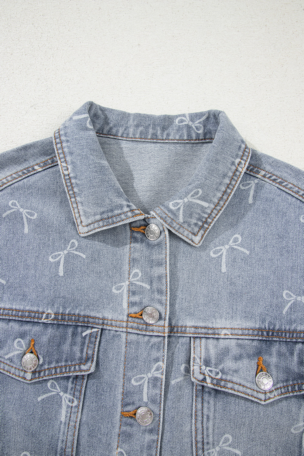 Bow Knot Print Light Wash Raw Hem Denim Jacket Dear-Lover Dropshipping