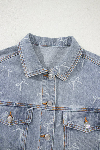 Bow Knot Print Light Wash Raw Hem Denim Jacket Dear-Lover Dropshipping