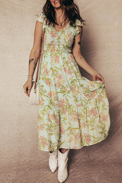 Yellow Ruffled Sleeveless Tiered Floral Maxi Dress