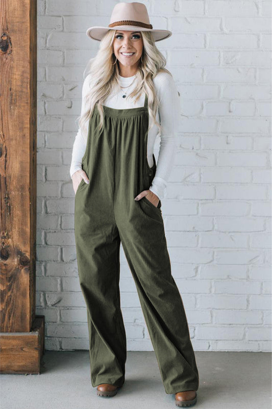 Jungle Green Solid Pocketed Loose Fit Corduroy Overall Daisie Boutique