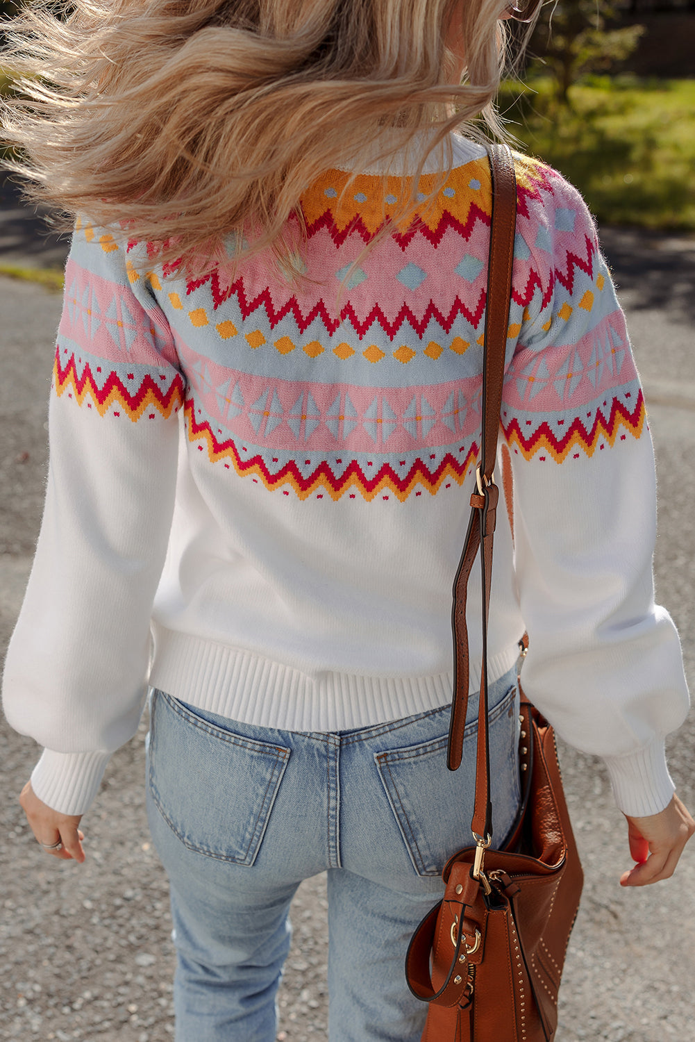 White Geometric Colorblock Print Drop Shoulder Sweater Dear-Lover Dropshipping