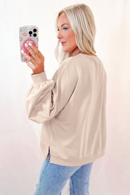 Light Pink Embroidered Bow Lantern Sleeve Oversized Pullover Sweatshirt Daisie Boutique