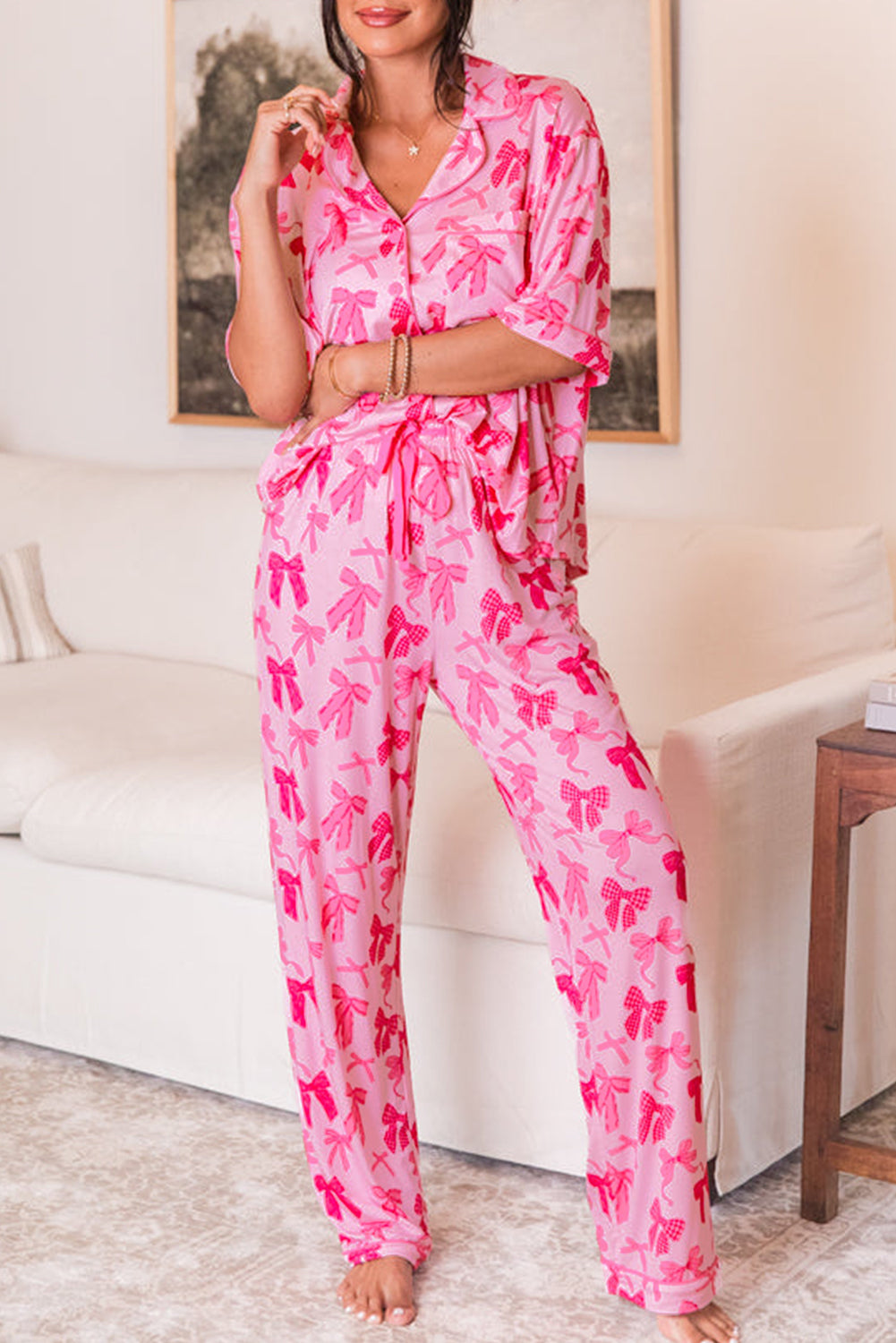 Cutie Bow Print Short Sleeve and Pants Pajamas Set Daisie Boutique