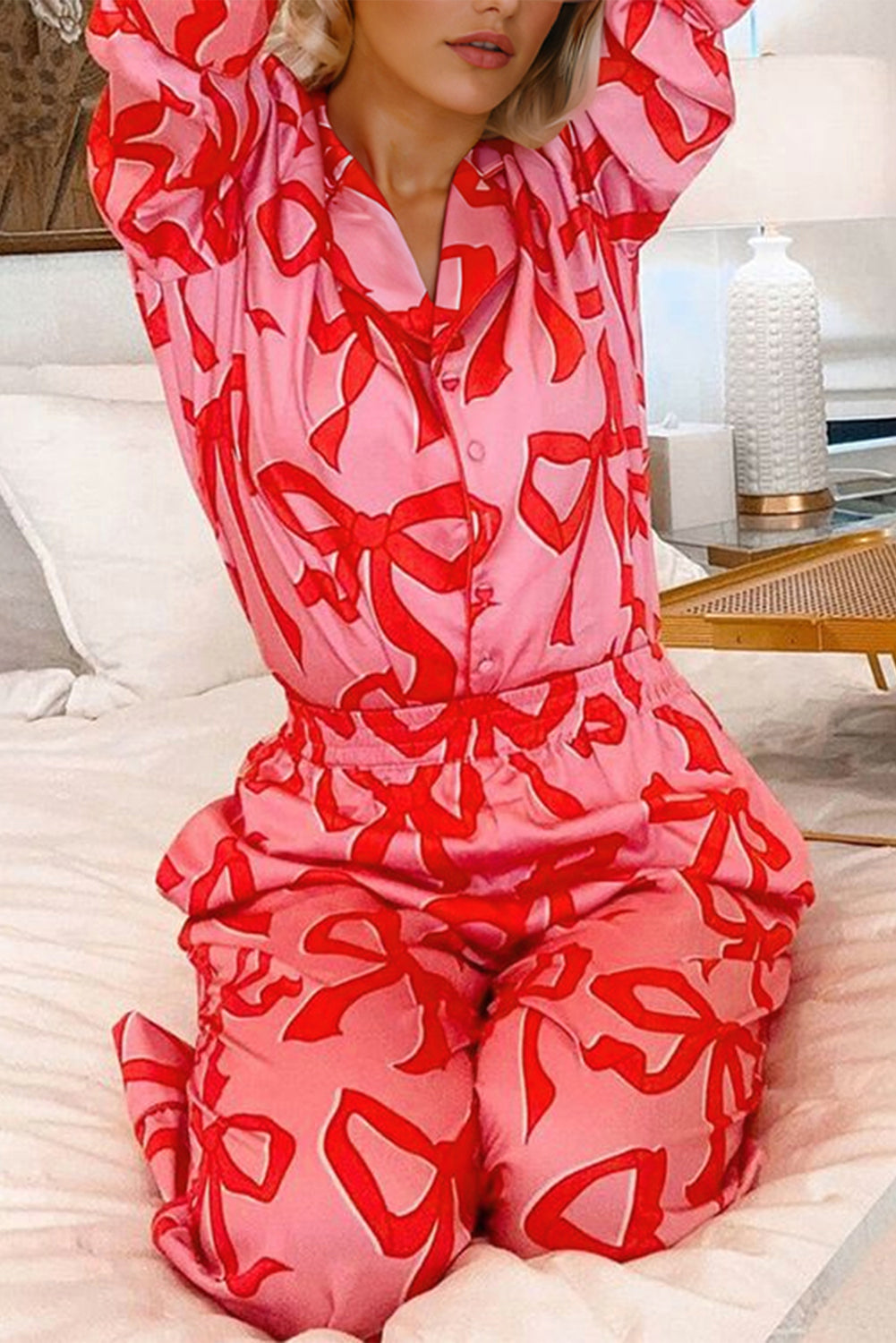 Pink Bow Print Long Sleeve Pajama Set Daisie Boutique