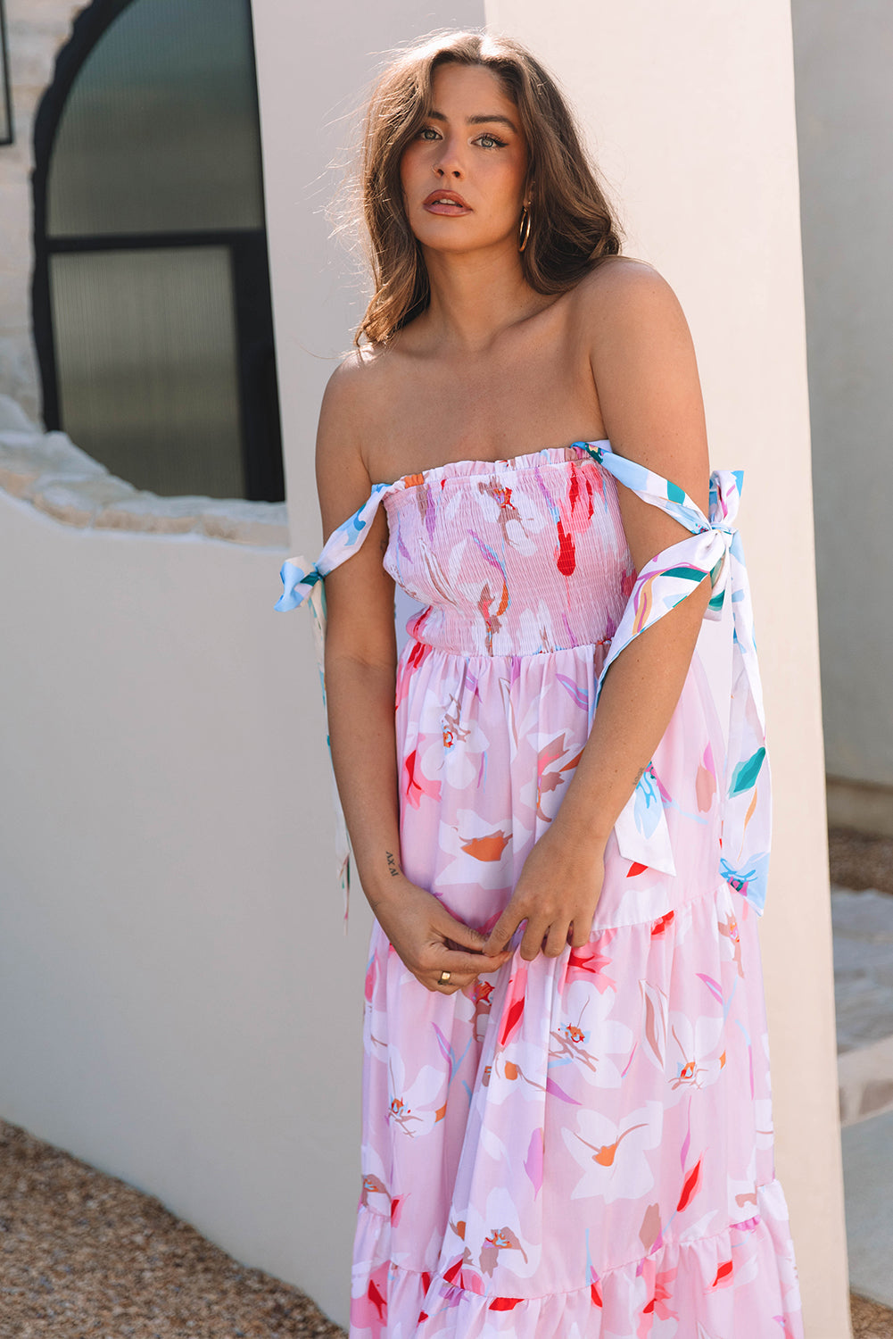 Pink Floral Print Knotted Shoulder Smocked Maxi Dress Daisie Boutique