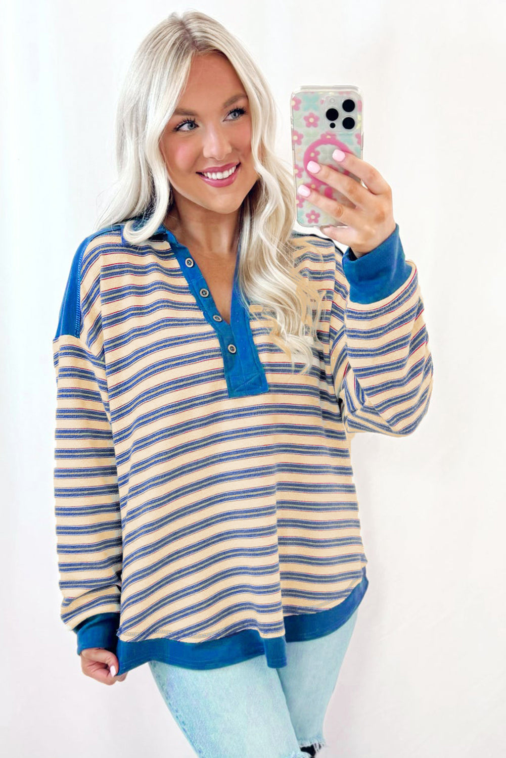 Stripe Buttoned V Neck Collared Top Daisie Boutique