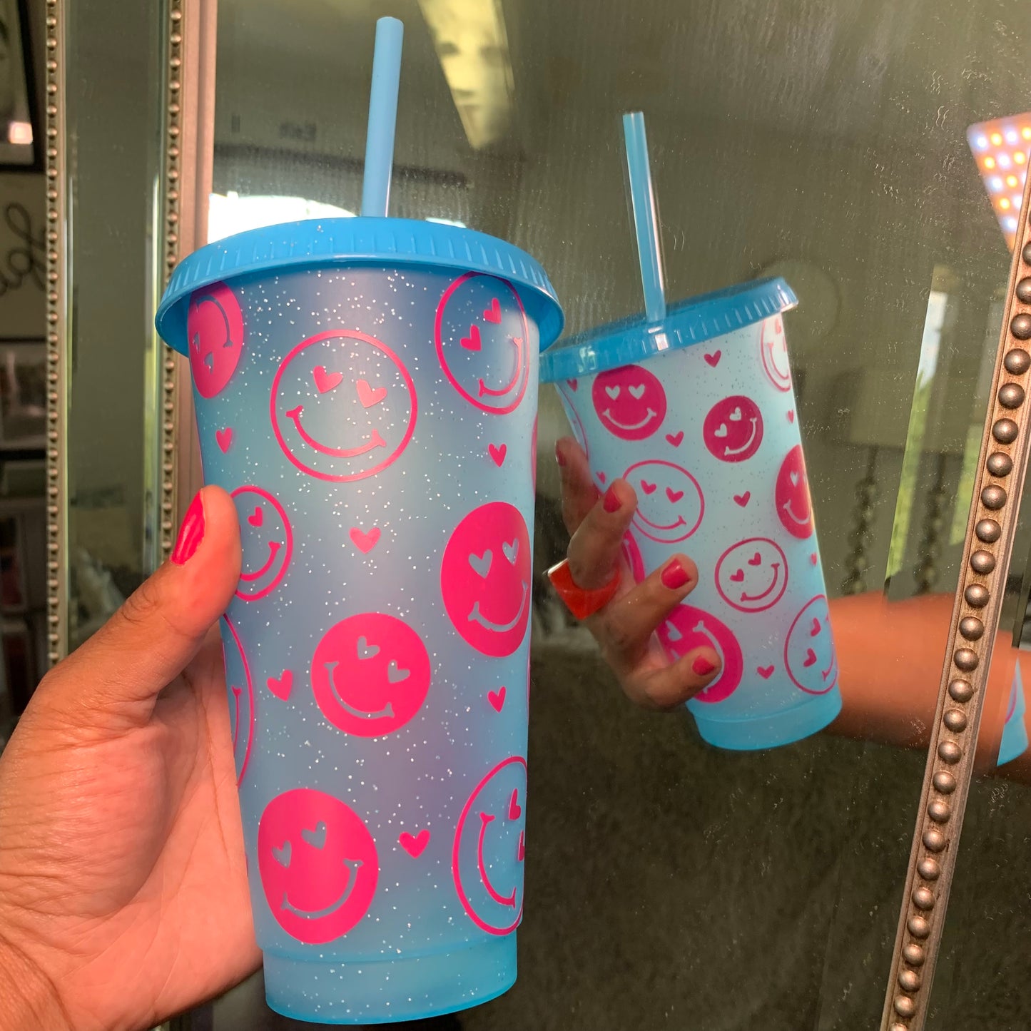 Heart Eyes 24 Oz. Blue Sparkly Cold Cup Daisie Boutique