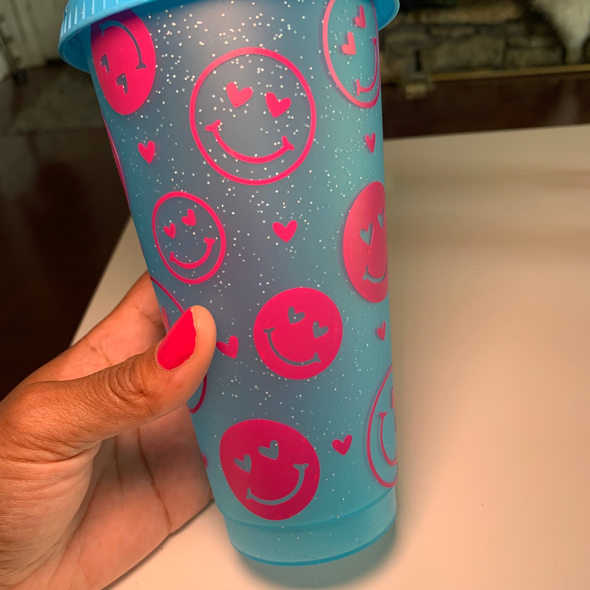 Heart Eyes 24 Oz. Blue Sparkly Cold Cup Daisie Boutique