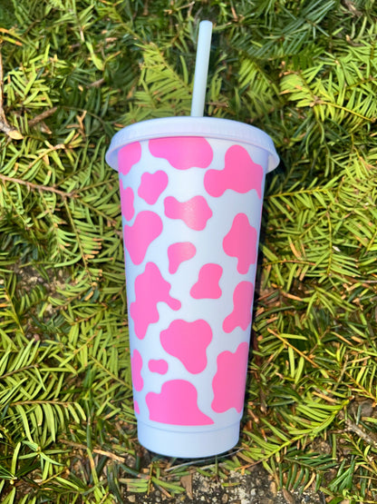 Daisie Boutique Cow Print Cold Cup Bundle | 24oz Animal Print Cup with Straw & Heart Shaped Straw Topper | Aesthetic Drinkware Gift Set BUNDLE