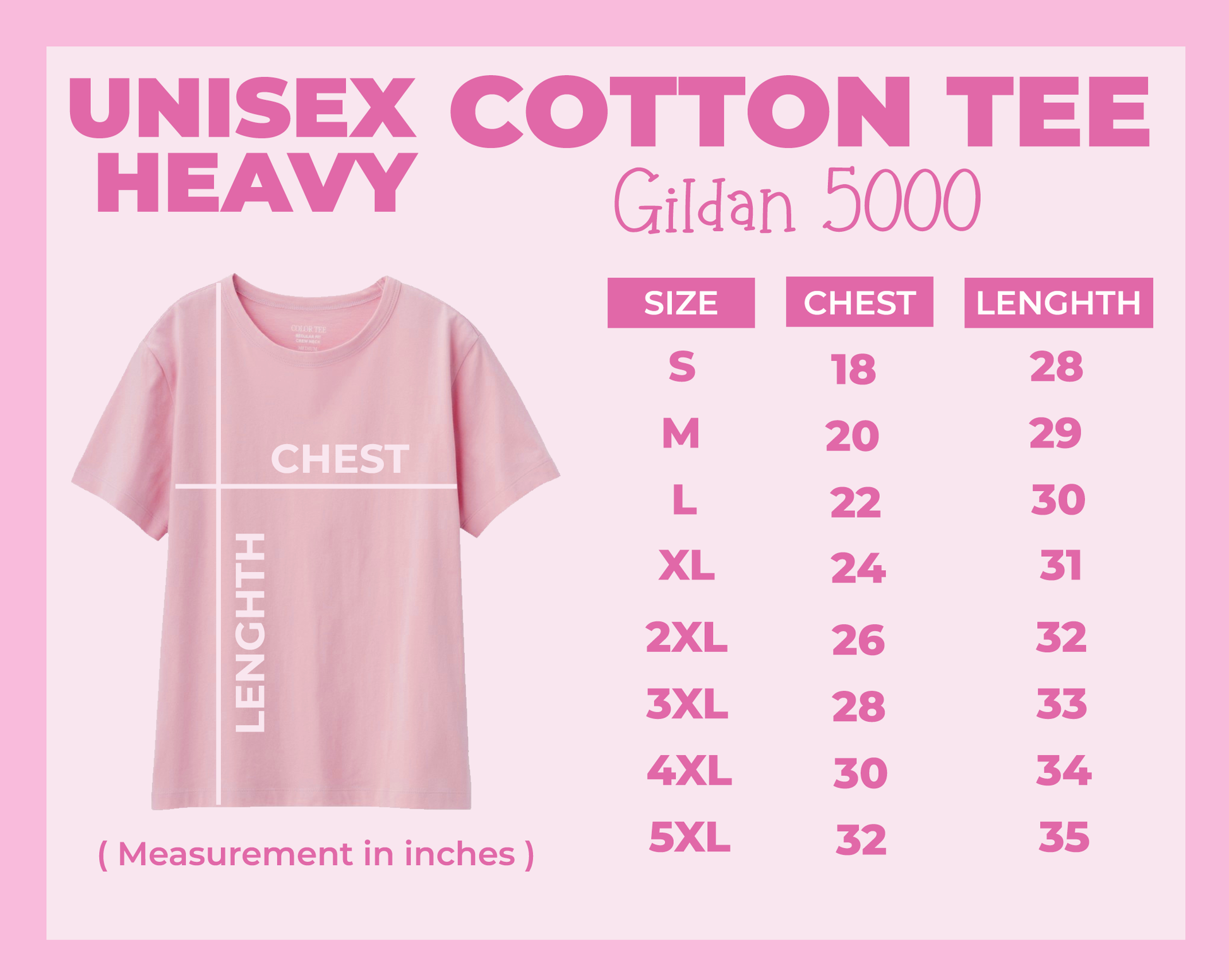 SIZE CHART UNISEX GILDAN TEE