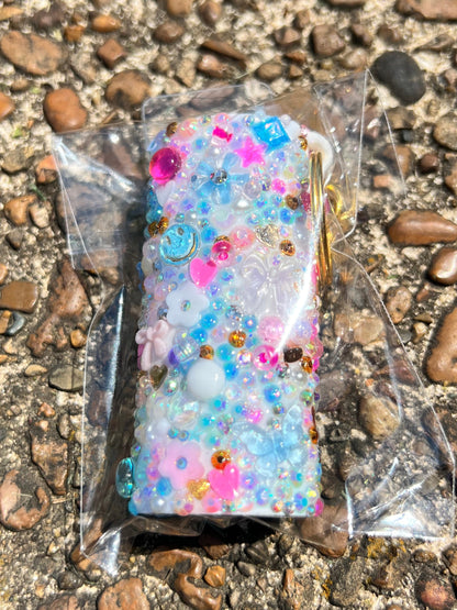 Handmade junk charm lighter case in yellow by Daisie Boutique maximalist aesthetic 3D charms rhinestones for Bic lighters