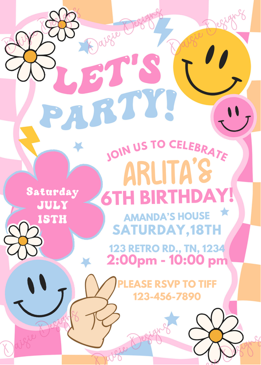 Retro Girly Digital Party Invite [Customizable] Daisie Designs