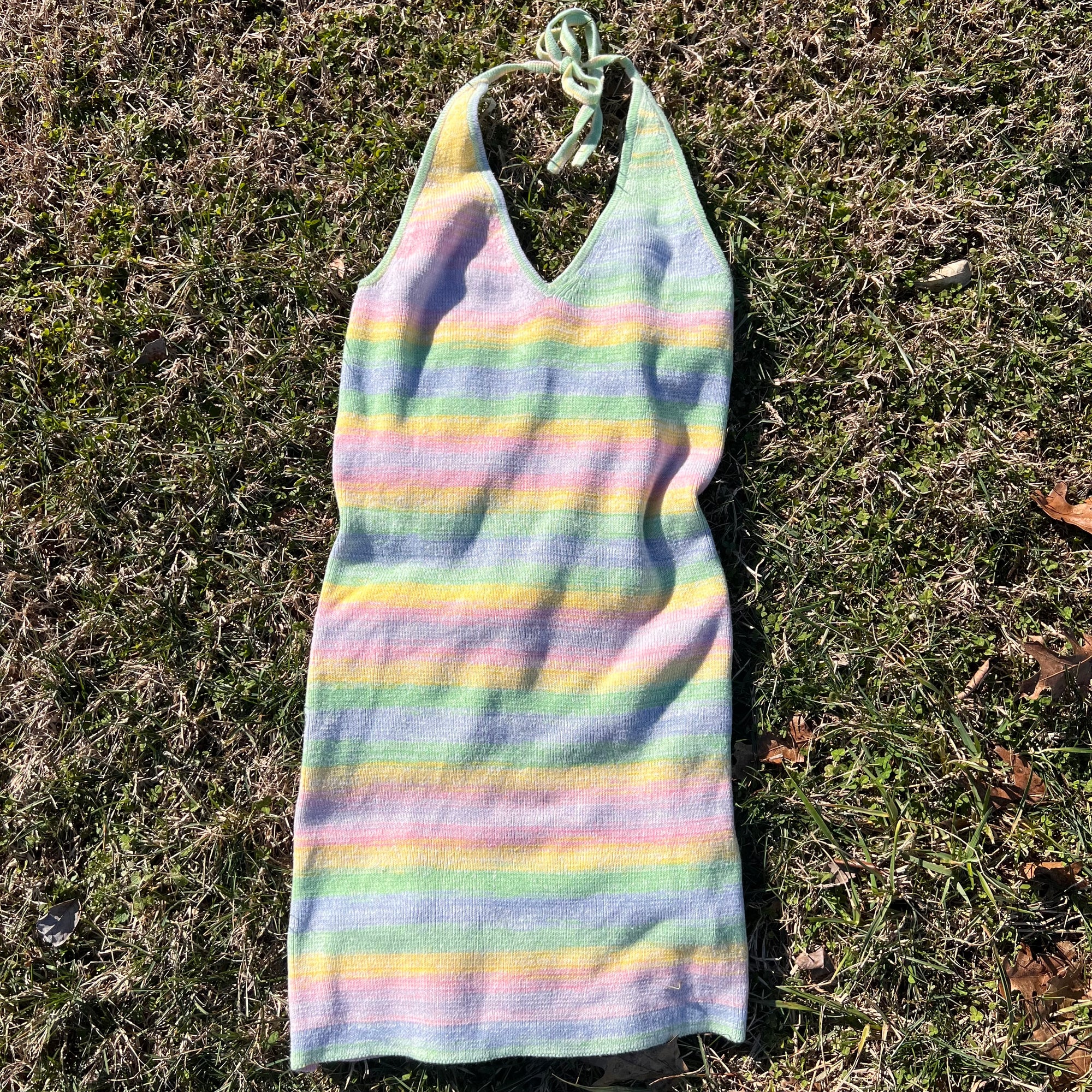 Multicolor Pastel Knit Halter Tie Top Mini Dress