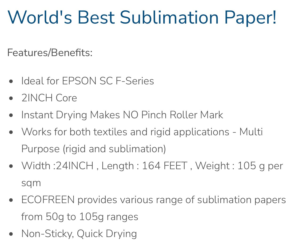 Ecofreen Dye Sublimation Instant Drying Transfer Paper – 105GSM, 24” Width, 164ft Roll (4 ROLLS) EPSON SC-F570 Sublimation printer Daisie Boutique