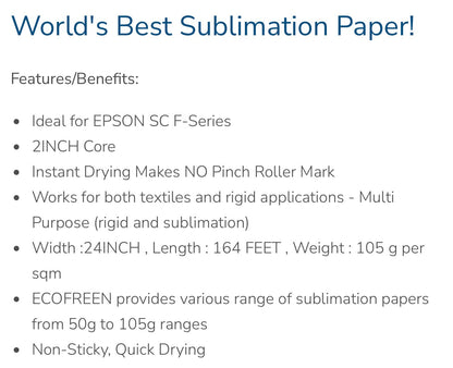 Ecofreen Dye Sublimation Instant Drying Transfer Paper – 105GSM, 24” Width, 164ft Roll (4 ROLLS) EPSON SC-F570 Sublimation printer Daisie Boutique