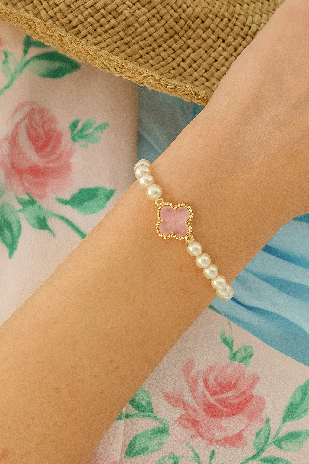 Clover Accent Pearl Stretch Bracelet Daisie Boutique