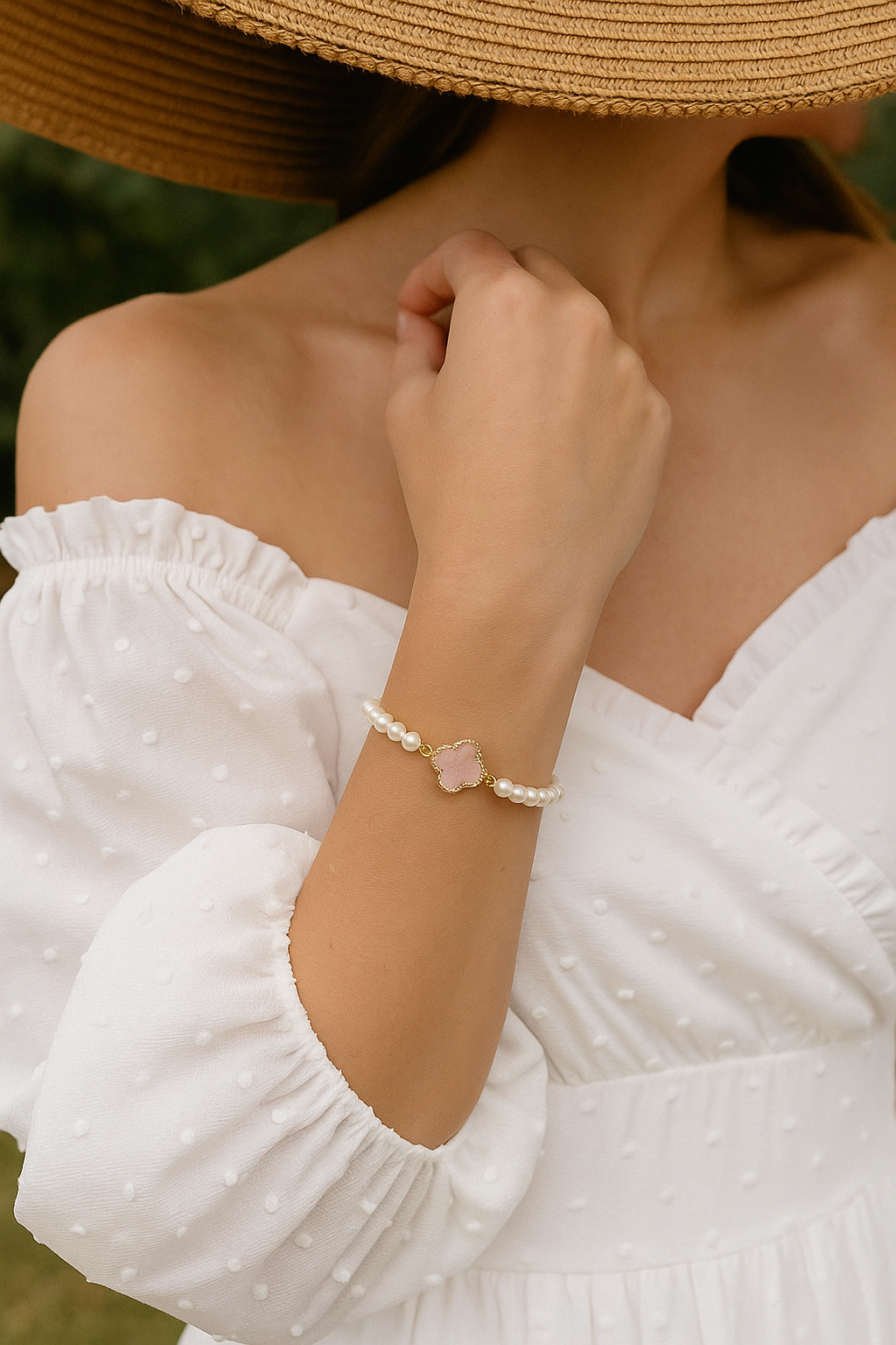 Clover Accent Pearl Stretch Bracelet Daisie Boutique