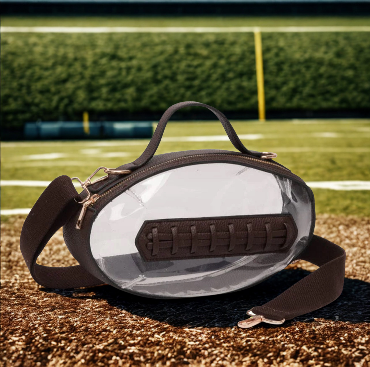Clear gameday football crossbody bag product photo showing dimensions and clasp closure Daisie Boutique