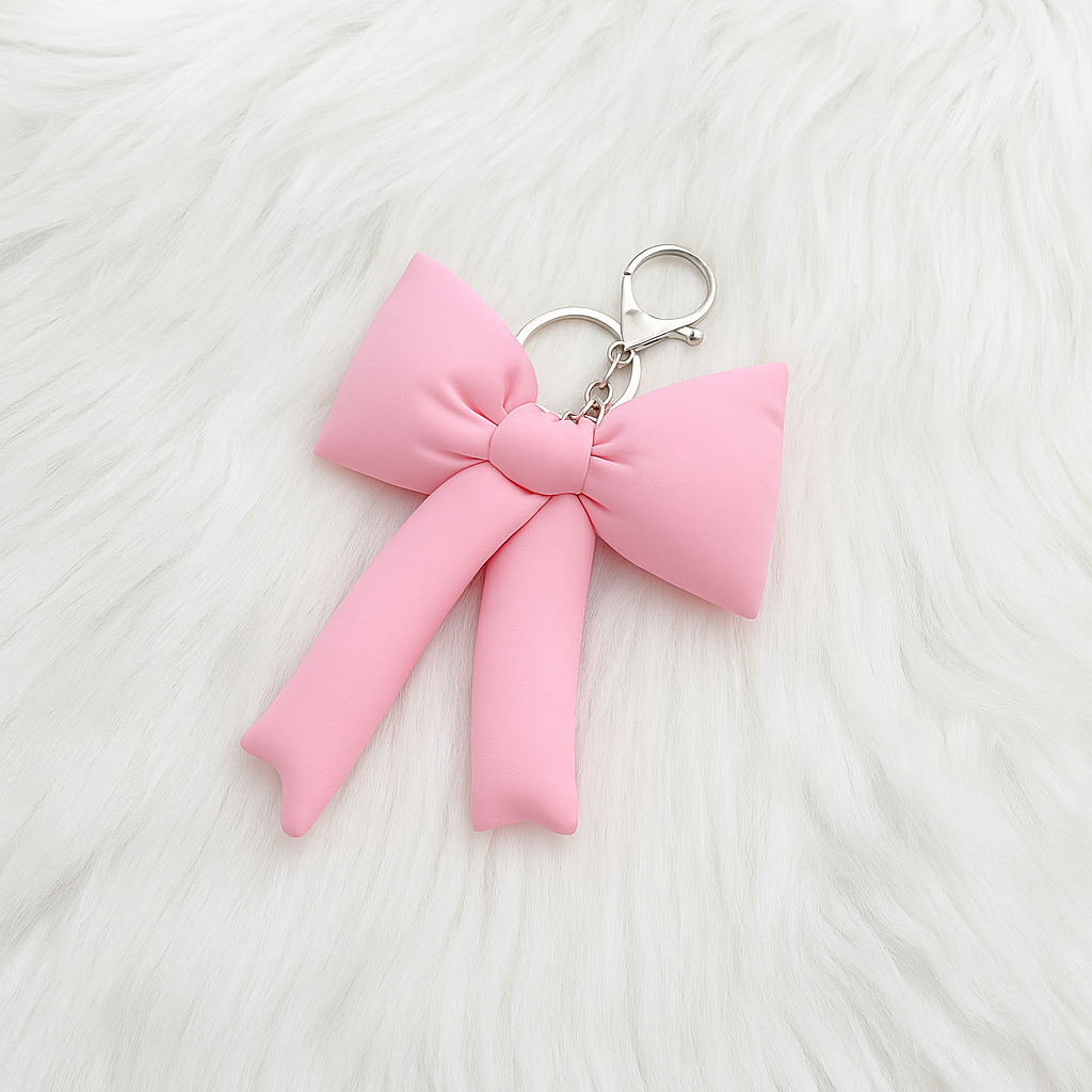 Pink bow keychain on a white textured background