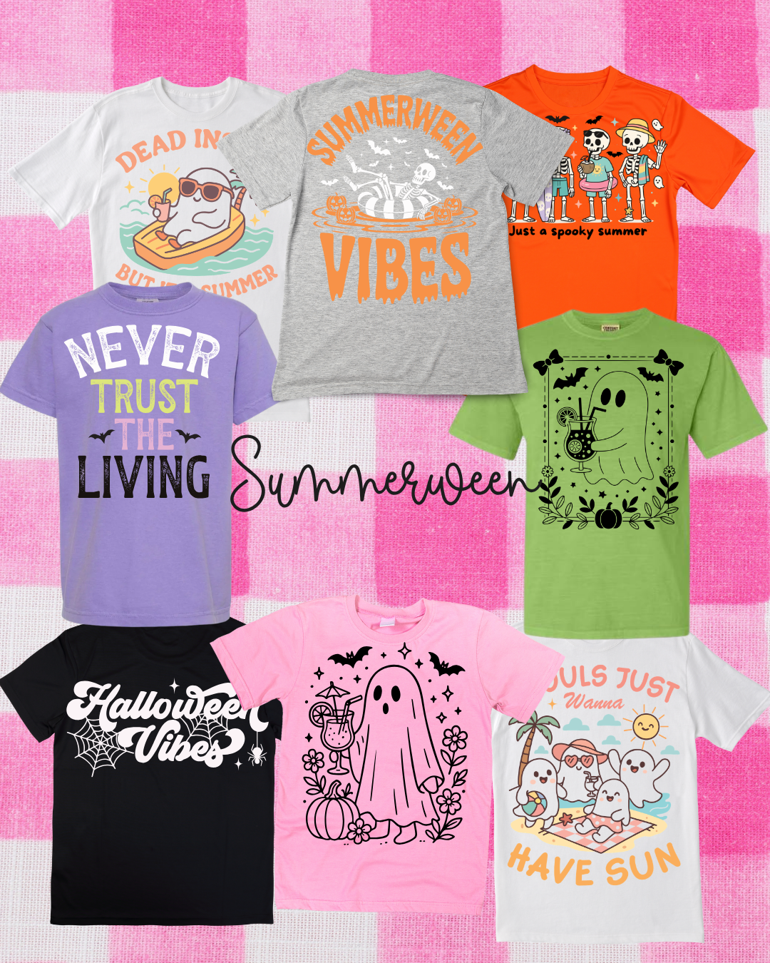 Summerween tee shirt options inside Daisie Boutique Halloween bundle — ghost and skull graphic tees for girls who celebrate Halloween year round