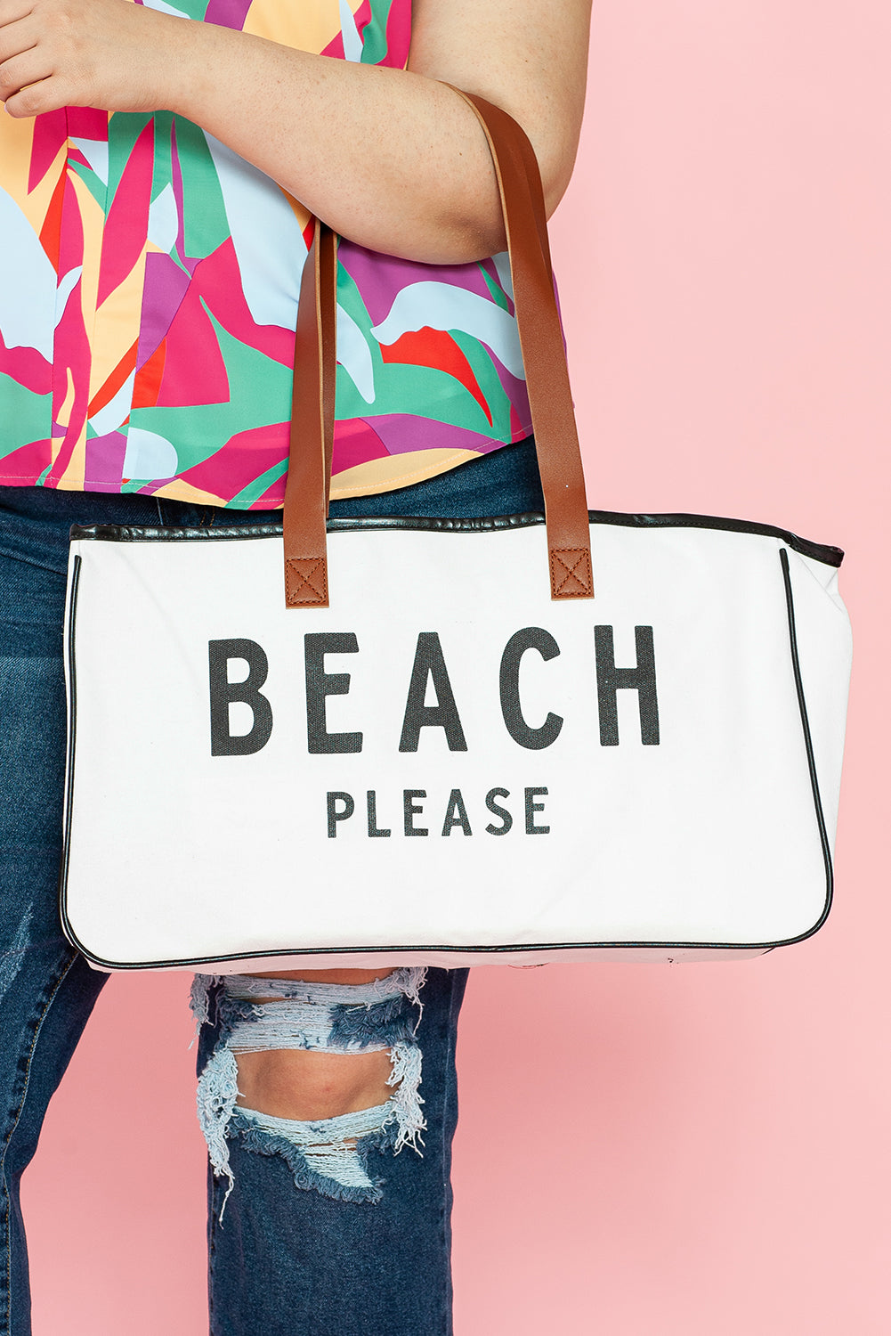 BEACH PLEASE Print Large Canvas Tote Bag - White Daisie Boutique
