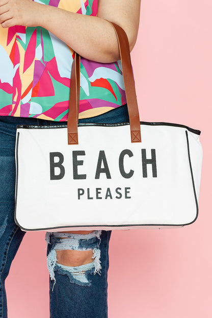 BEACH PLEASE Print Large Canvas Tote Bag - White Daisie Boutique
