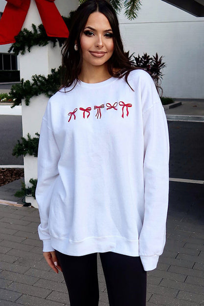 Bow Embroidery Drop Shoulder Sweatshirt - White Daisie Boutique