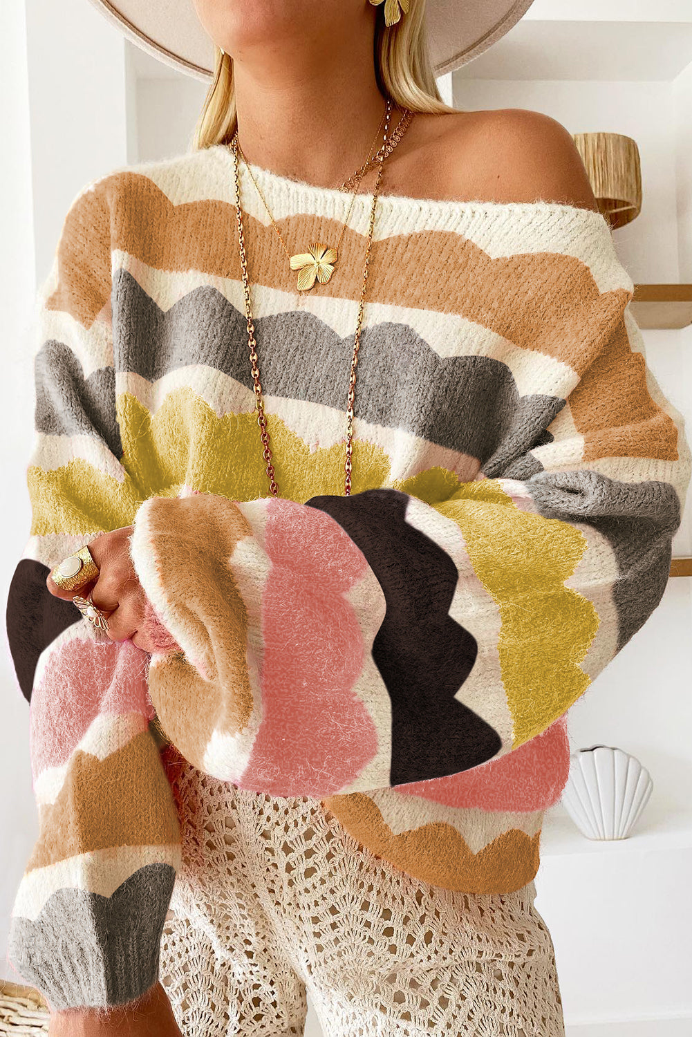 Wave Striped Balloon Sleeve Multicolored Sweater Daisie Boutique