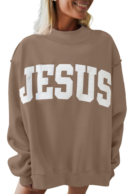 Orchid Bouquet JESUS Letter Patch Graphic Exposed Seam Mock Neck Baggy Sweatshirt