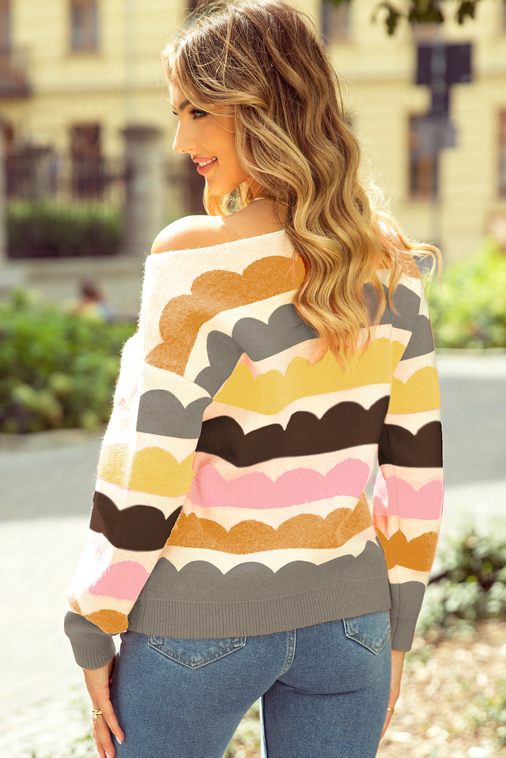 Wave Striped Balloon Sleeve Multicolored Sweater Daisie Boutique