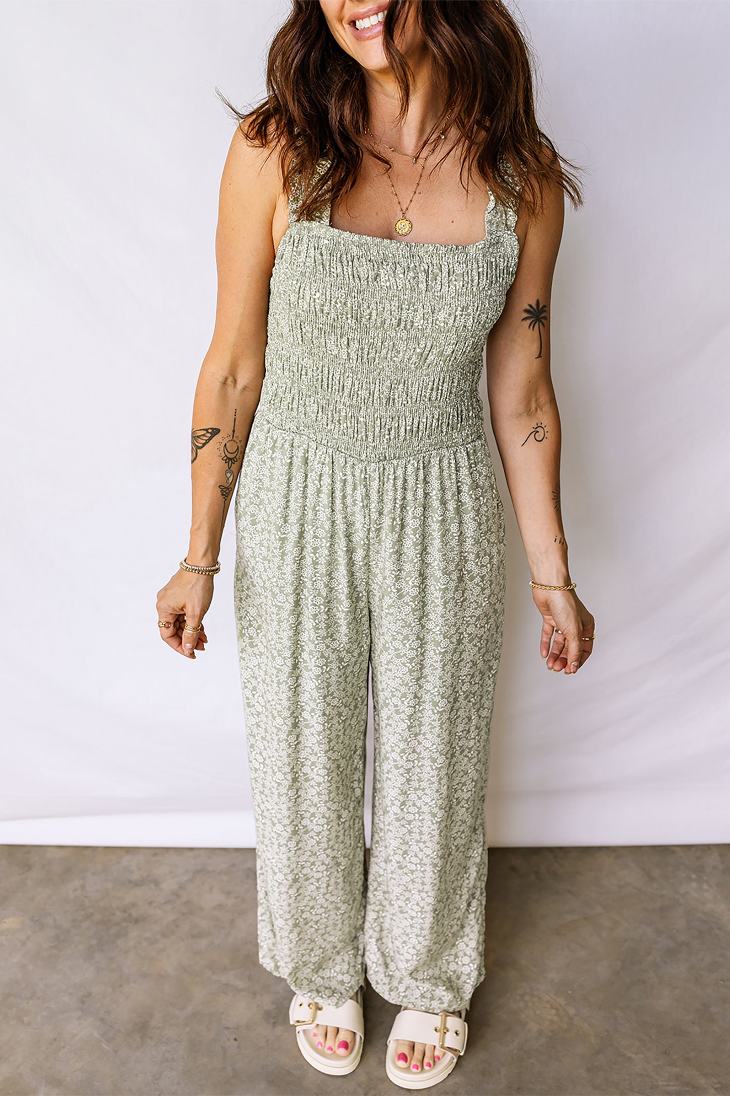 Square Neck Sleeveless Floral Jumpsuit