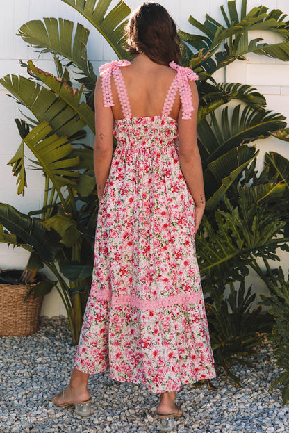 Floral Lace Tied Strap Maxi Dress - Pink Daisie Boutique