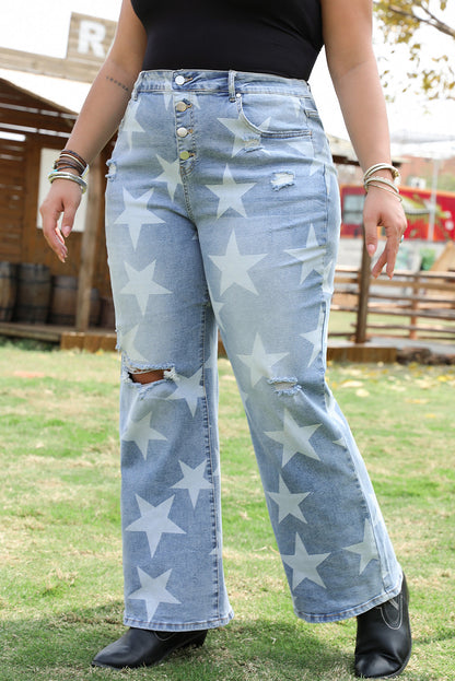 Star Printed Multi Buttons Slit Knee Destroyed Plus Size Jeans Daisie Boutique