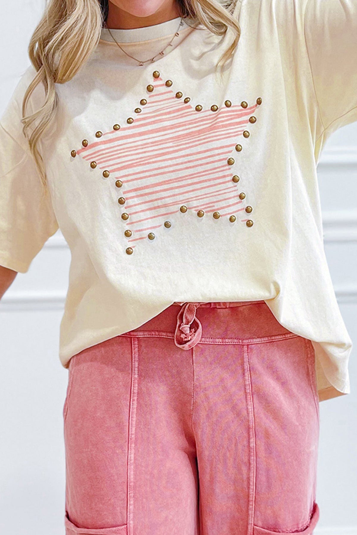 Beige star print studded cotton jersey top | Daisie & Co.