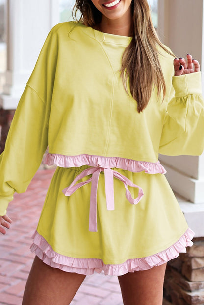 Ruffled Patchwork Drop Shoulder Shorts Matching Set Dear-Lover Dropshipping