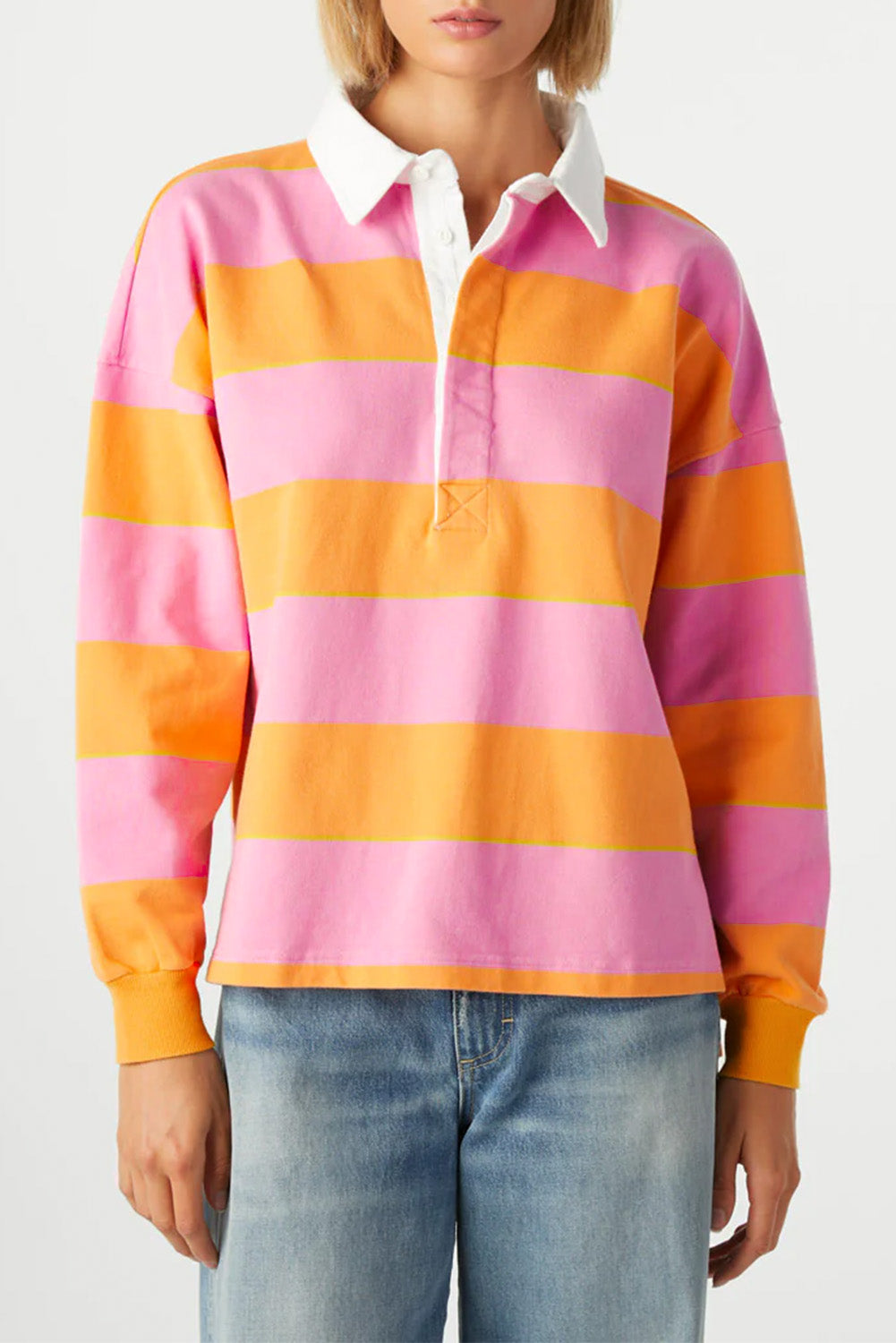 Striped Color Block Polo Collar Sweatshirt - Orange Dear-Lover Dropshipping