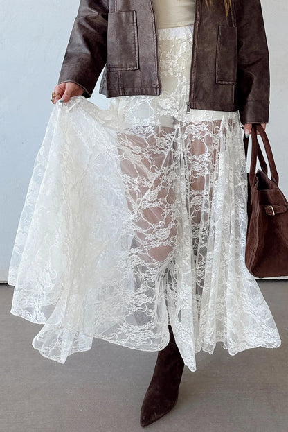 White Sheer Lace Flowy Maxi Skirt