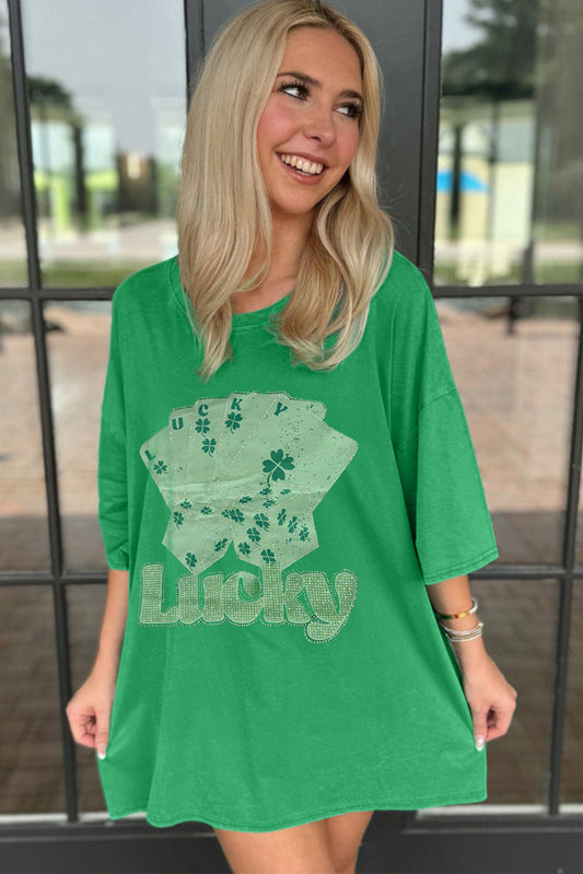 Rhinestone Lucky Poker Cards Oversized T Shirt Mini Dress - Green Daisie Boutique