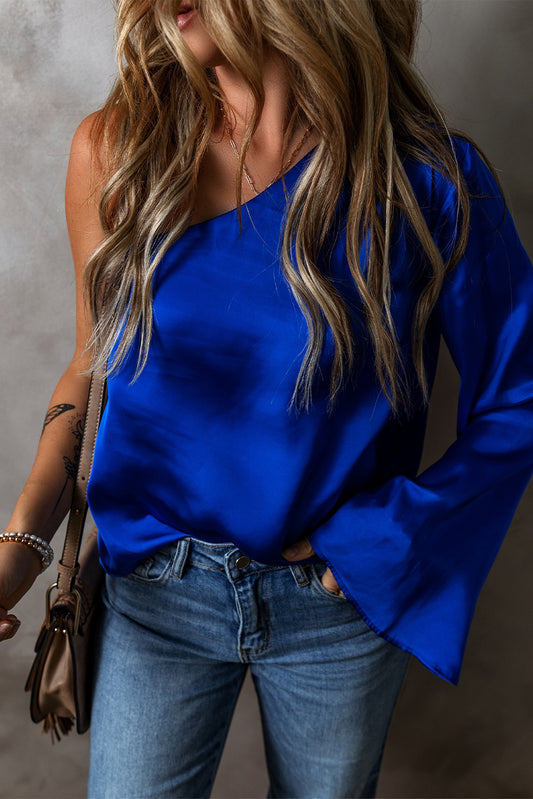 Asymmetric One Shoulder Bell Sleeve Satin Blouse - Dark Royal Blue Daisie Boutique