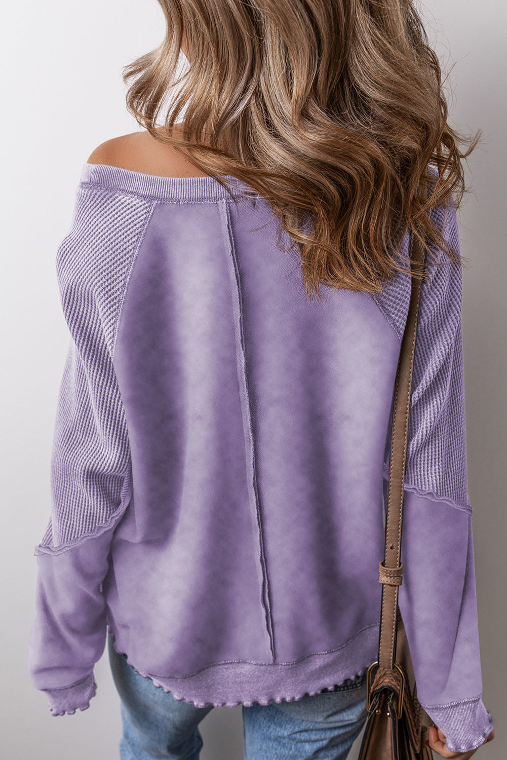 Orchid Petal Solid Waffle Knit Patchwork Raglan Sleeve Sweatshirt Daisie Boutique