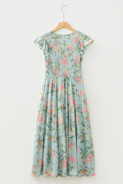 Yellow Ruffled Sleeveless Tiered Floral Maxi Dress