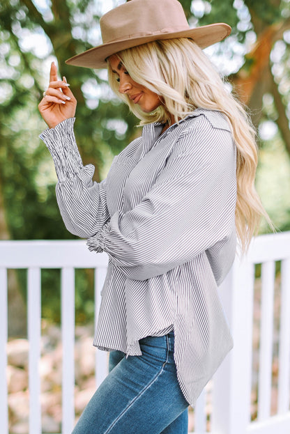 Smocked Cuffed Striped Boyfriend Button Up Shirt with Pocket Daisie Boutique