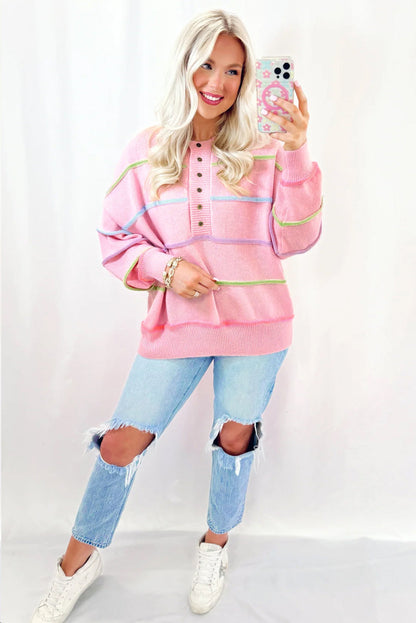 Rainbow Stripes Baggy Henley Sweater Daisie Boutique