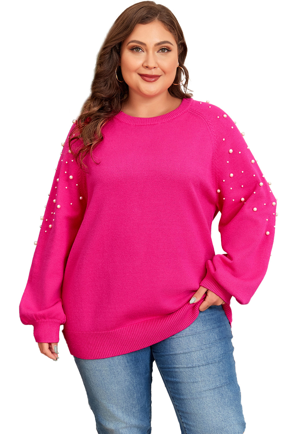 Plus Size Pearled Sweater - Strawberry Pink Daisie Boutique