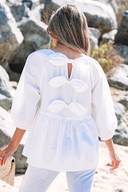 Bow Knot Cutout Back 3/4 Sleeve Blouse - White Daisie Boutique