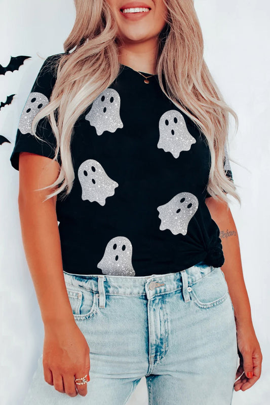 Black Glitter Ghost Pattern Crew Neck Halloween T Shirt Daisie Boutique