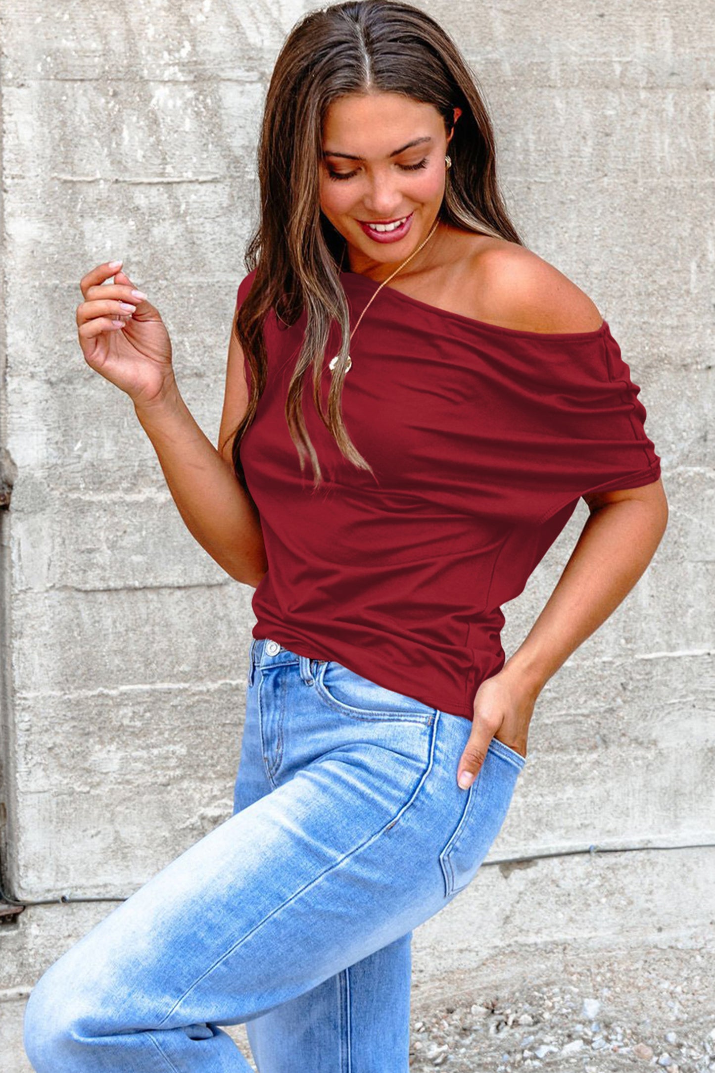 Plus Size Solid Color Asymmetric Neck Short Sleeve Blouse