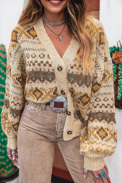 Khaki Patterned Knit Button V Neck Cardigan Sweater Dear-Lover Dropshipping