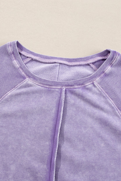 Orchid Petal Solid Waffle Knit Patchwork Raglan Sleeve Sweatshirt Daisie Boutique